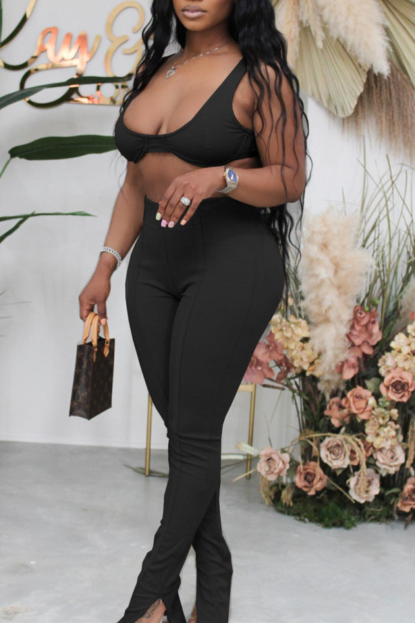 Black Sexy Casual Solid Slit U Neck Sleeveless Two Pieces