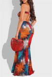Red Fashion Sexy Print Hollowed Out Strapless Long Dress