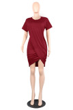 Red Fashion Casual Solid Split Joint O Neck Short Sleeve Dress