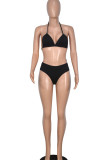 Black Sexy Solid Patchwork See-through Flounce Halter Three Pieces