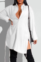 White Fashion Casual Solid Basic Turndown Collar Long Sleeve Dresses