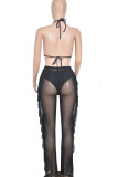 Black Sexy Solid Patchwork See-through Flounce Halter Three Pieces