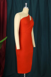 Tangerine Red Fashion Sexy Solid Patchwork Slit One Shoulder Evening Dress