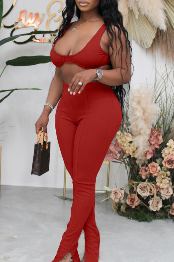 Red Sexy Casual Solid Slit U Neck Sleeveless Two Pieces