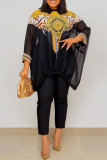 Black Fashion Casual Print Patchwork See-through O Neck Long Sleeve Two Pieces