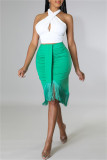 Green Fashion Casual Solid Tassel Patchwork Regular High Waist Skirt