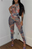 Colour Fashion Sexy Print Basic O Neck Sleeveless Two Pieces