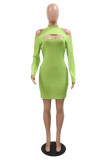 Green Fashion Casual Solid Hollowed Out Backless Half A Turtleneck Long Sleeve Dresses