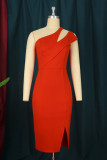 Tangerine Red Fashion Sexy Solid Patchwork Slit One Shoulder Evening Dress