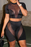 Black Fashion Sexy Solid Patchwork See-through Half A Turtleneck Short Sleeve Two Pieces