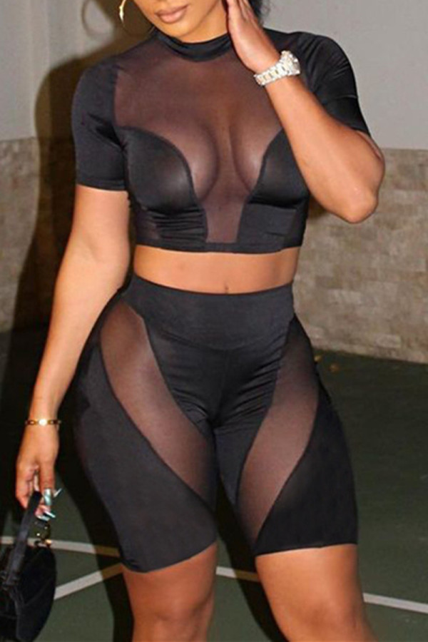 Black Fashion Sexy Solid Patchwork See-through Half A Turtleneck Short Sleeve Two Pieces