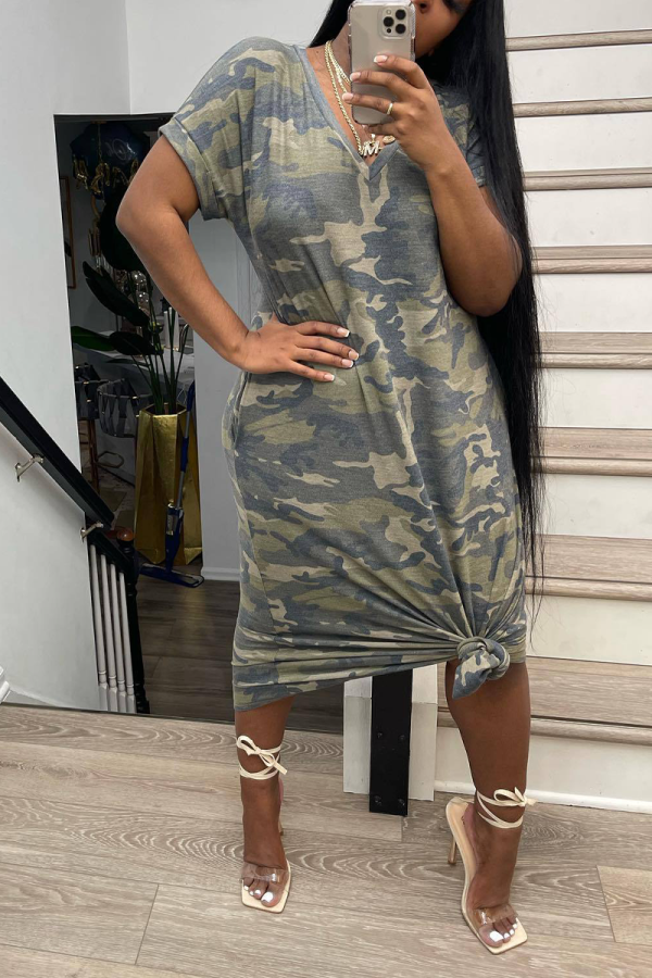 Army Green Fashion Camouflage Print Patchwork V Neck Straight Dresses