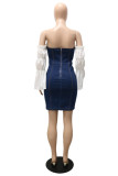 Deep Blue Fashion Casual Solid Patchwork Backless Off the Shoulder Long Sleeve Dresses