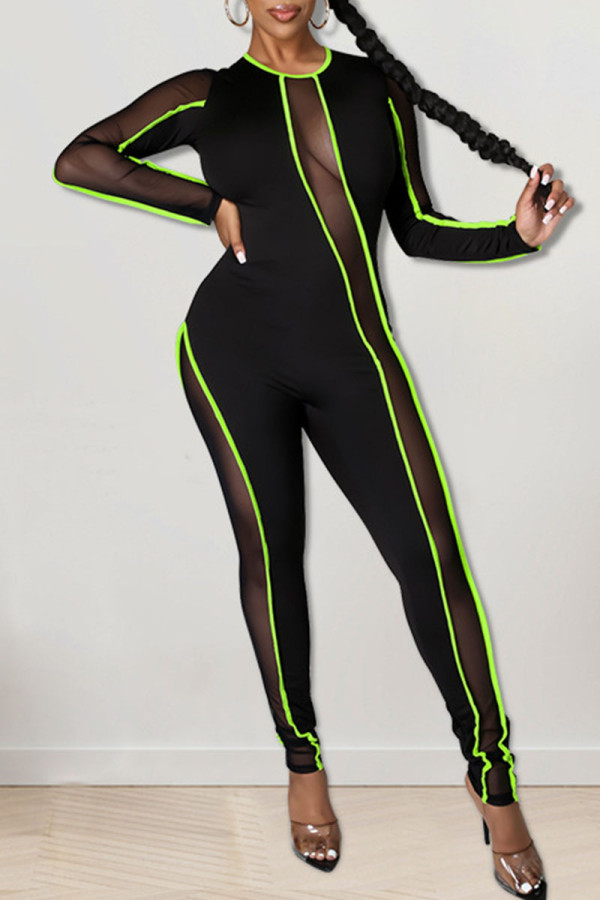 Black Sexy Solid Patchwork O Neck Regular Jumpsuits
