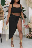 Green Sexy Solid Patchwork Slit Asymmetrical U Neck Two Pieces
