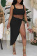 Black Sexy Solid Patchwork Slit Asymmetrical U Neck Two Pieces