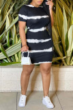 Pink Casual Striped Print Patchwork O Neck Pencil Skirt Dresses