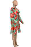 Red Sexy Print Split Joint Buckle Turndown Collar Long Sleeve Three Pieces