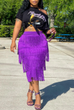 Purple Fashion Solid Tassel Straight Mid Waist Straight Solid Color Bottoms
