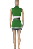 Green Casual Solid Patchwork Zipper Turndown Collar Sleeveless Two Pieces