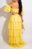 Yellow Sexy Solid Patchwork Flounce Fold Off the Shoulder Two Pieces