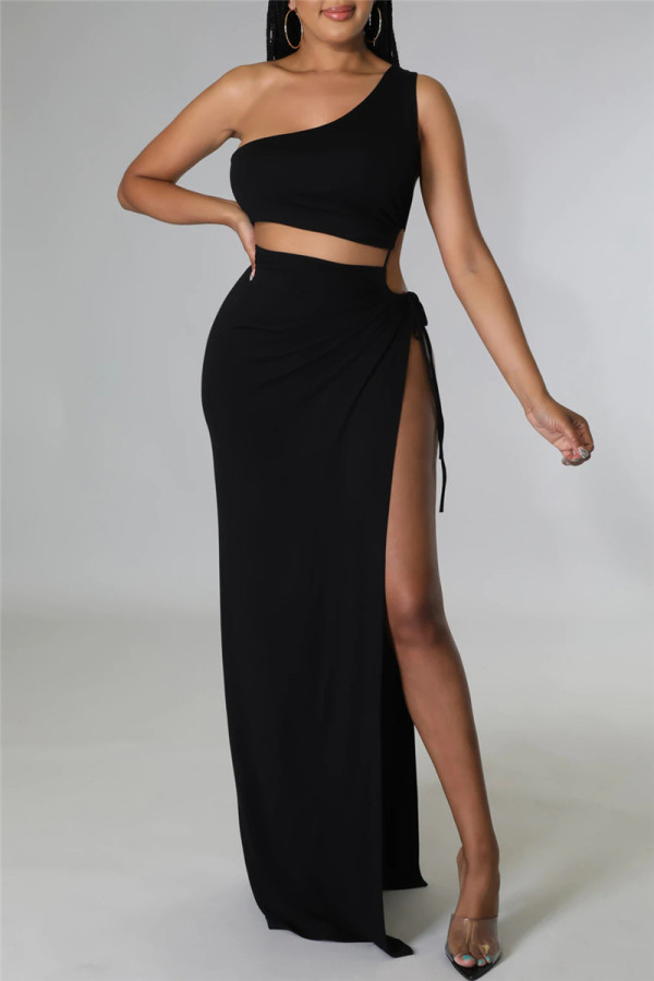 Black Fashion Sexy Solid Bandage Slit One Shoulder Sleeveless Dress Dresses