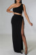 Black Fashion Sexy Solid Bandage Slit One Shoulder Sleeveless Dress Dresses