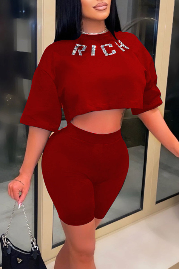 Red Casual Solid Patchwork Hot Drill O Neck Short Sleeve Two Pieces
