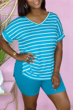 Rose Red Fashion Casual Striped Print Basic V Neck Short Sleeve Two Pieces