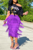 Purple Fashion Solid Tassel Straight Mid Waist Straight Solid Color Bottoms