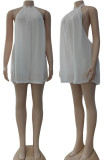 White Casual Solid Patchwork Backless Halter Straight Rompers
