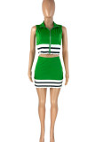 Green Casual Solid Patchwork Zipper Turndown Collar Sleeveless Two Pieces