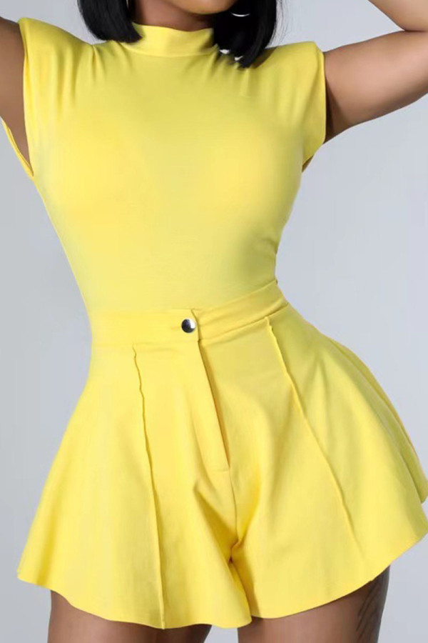 Yellow Casual Solid Patchwork Fold O Neck Sleeveless Two Pieces