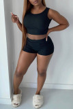 Black Casual Sportswear Solid Patchwork O Neck Sleeveless Two Pieces