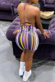 Purple Fashion Sexy Letter Striped Print Bandage Hollowed Out Spaghetti Strap Sleeveless Two Pieces