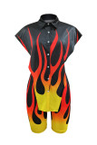 Yellow Fashion Casual Print Asymmetrical Turndown Collar Short Sleeve Two Pieces