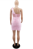 Pink Sexy Solid Patchwork See-through Backless Fold Oblique Collar Sleeveless Dress