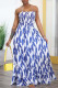 Blue Sweet Print Patchwork Backless Halter A Line Dresses