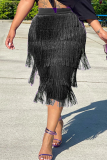 Black Fashion Solid Tassel Straight Mid Waist Straight Solid Color Bottoms