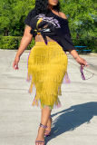 Purple Fashion Solid Tassel Straight Mid Waist Straight Solid Color Bottoms