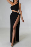 Orange Fashion Sexy Solid Bandage Slit One Shoulder Sleeveless Dress Dresses