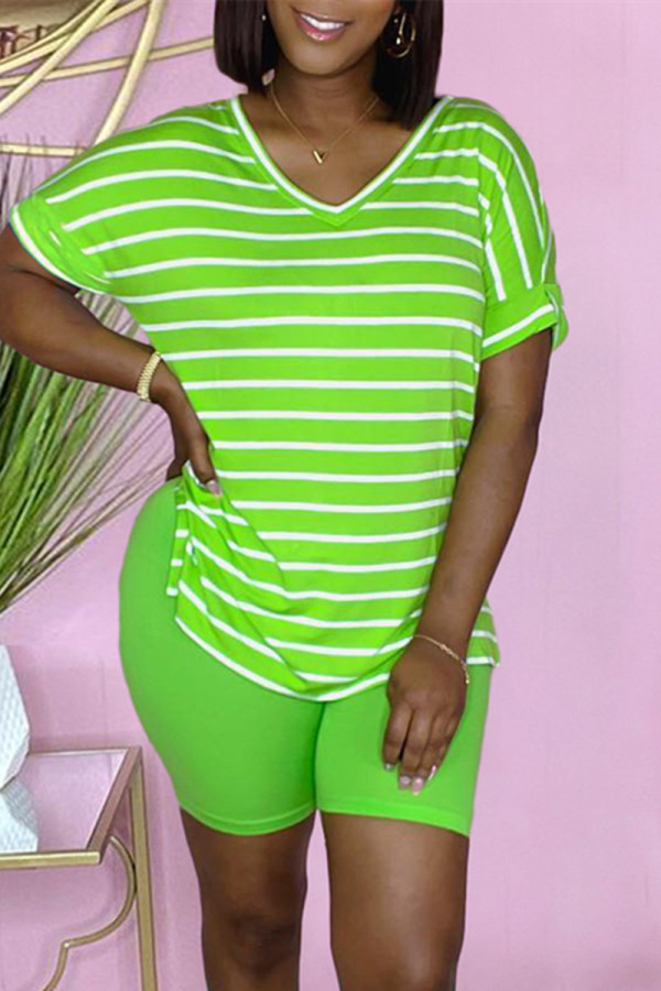 Green Fashion Casual Striped Print Basic V Neck Short Sleeve Two Pieces
