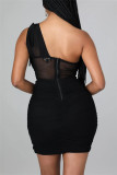 Pink Sexy Solid Patchwork See-through Backless Fold Oblique Collar Sleeveless Dress
