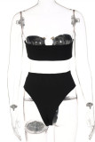 Black Fashion Sexy Solid Split Joint Backless Swimwears (Without Paddings)