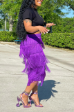 Purple Fashion Solid Tassel Straight Mid Waist Straight Solid Color Bottoms