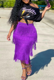 Purple Fashion Solid Tassel Straight Mid Waist Straight Solid Color Bottoms