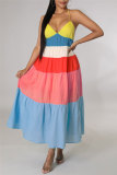 Colour Fashion Casual Solid Patchwork Backless Cross Straps Spaghetti Strap Long Dress