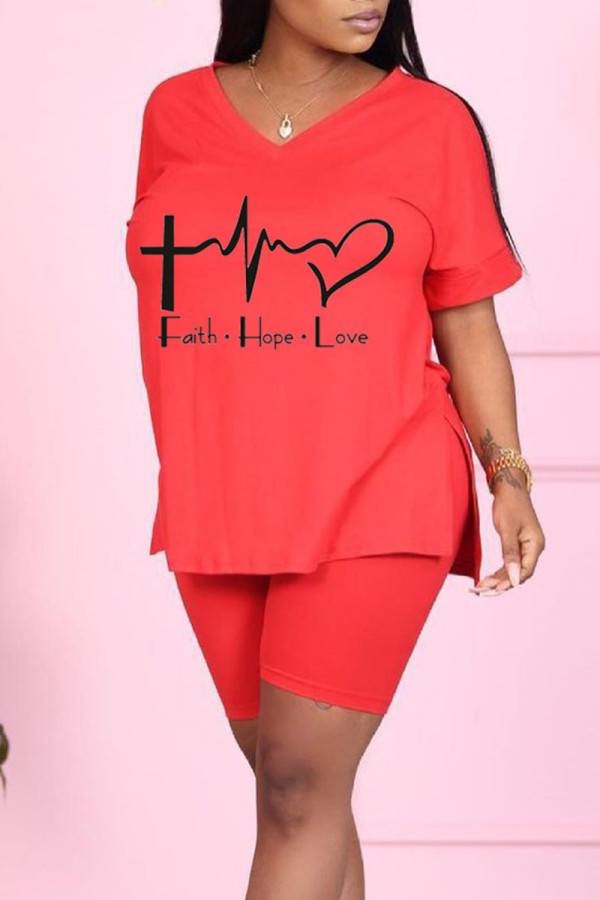 Rose Red Casual Print Patchwork V Neck Short Sleeve Two Pieces