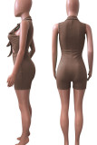 Coffee Sexy Solid Hollowed Out Patchwork Knotted Turndown Collar Regular Rompers