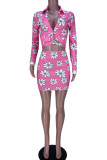 Rose Red Casual Print Patchwork Buckle Turndown Collar Long Sleeve Two Pieces